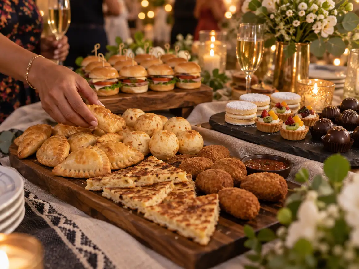 Tabla de bocaditos salados y dulces sobre una mesa de fiesta decorada