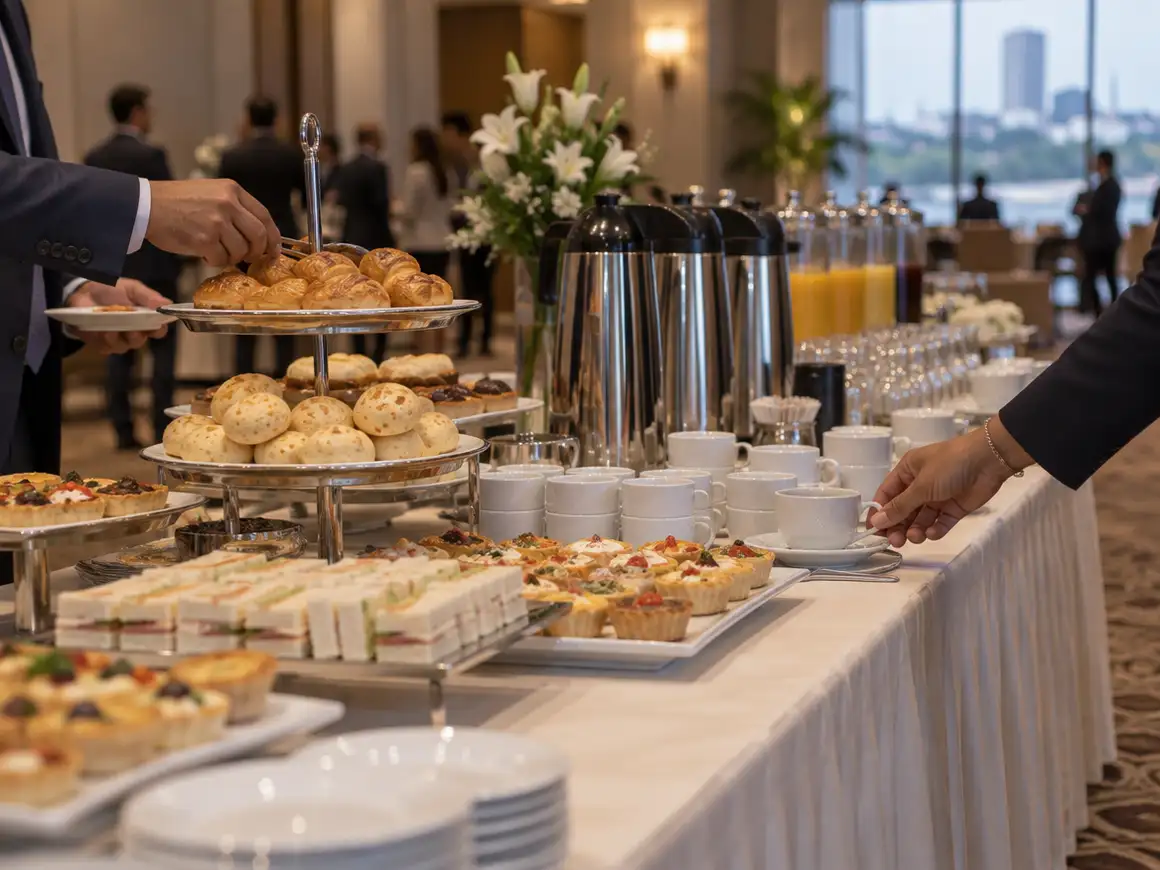 Mesa de coffee break en una conferencia de hotel con chipa, medialunas y termos de café