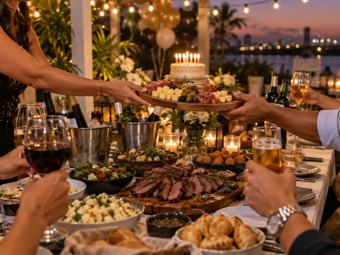 Mesa de cumpleaños de adultos en una terraza de fiesta con picada, asado y torta con velas
