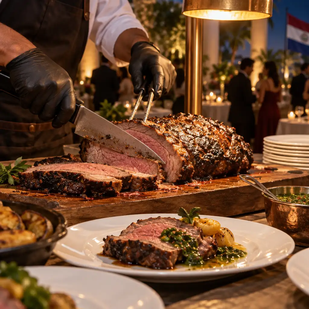 Estación de asado en un evento: manos del chef cortando carne jugosa sobre la tabla