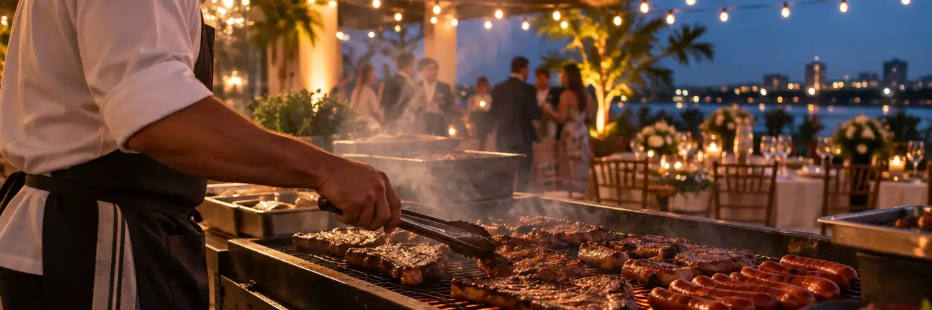 Parrillero de catering trabajando en la parrilla durante un evento nocturno con luces